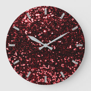 Burgundy Red Ruby Sparkly Faux Glitter Gray Glam Large Clock