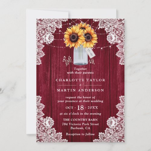 Burgundy Red Rustic Country Wood Sunflower Wedding Invitation