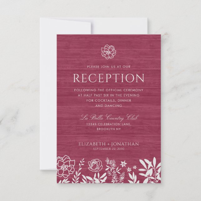 Burgundy Red Rustic Floral Wood Wedding Reception Invitation (Front)