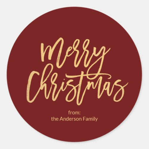 Burgundy Red Rustic Gold Merry Christmas Classic Round Sticker