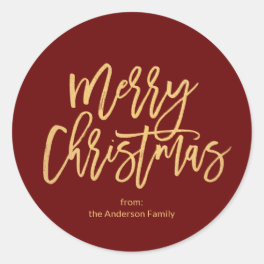 Burgundy Red Rustic Gold Merry Christmas Classic Round Sticker