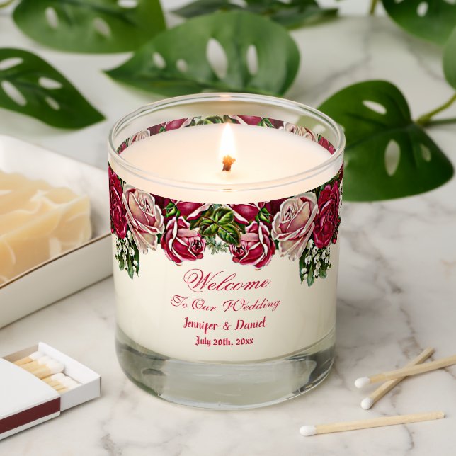  Burgundy Red Rustic Roses Country Wedding Welcome Scented Candle (Lit)