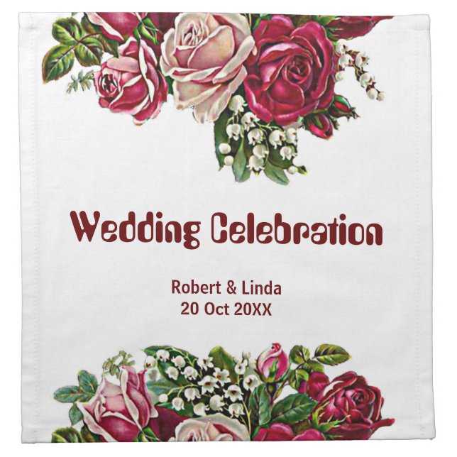 Burgundy Red Rustic Roses Floral Country Wedding Cloth Napkin (Front)