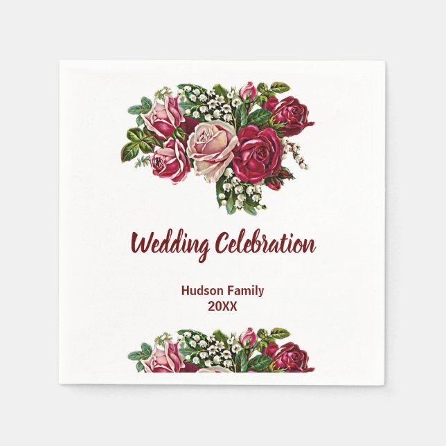 Burgundy Red Rustic Roses Floral Country Wedding Napkins (Front)