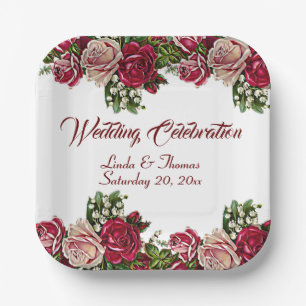 Burgundy Red Rustic Roses Floral Country Wedding   Paper Plates