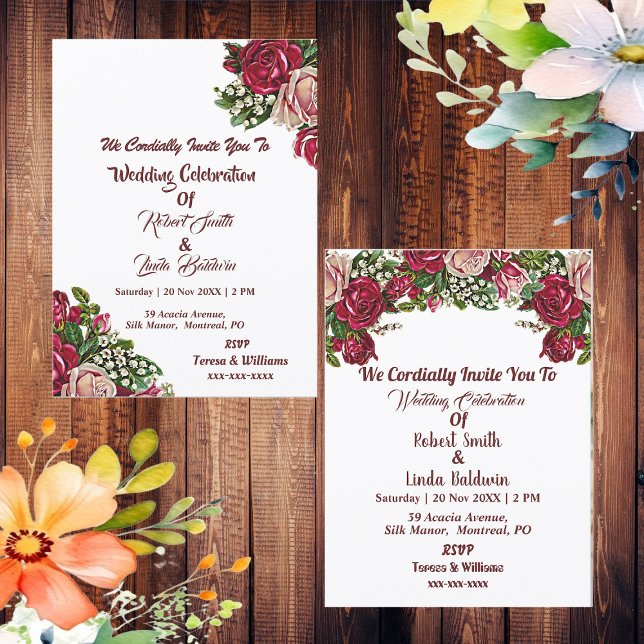 Burgundy Red Rustic Roses Garland Country Wedding Invitation (Burgundy Red Rustic Roses Garland Country Wedding Invitation)