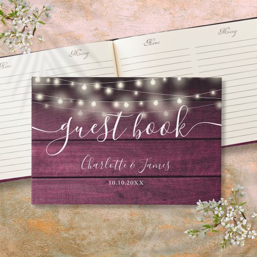 Burgundy Red Rustic Wood String Lights Wedding Guest Book