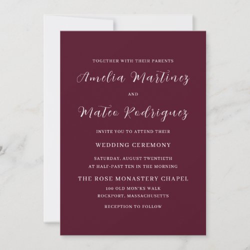 Burgundy Red Script Modern Wedding Invitation