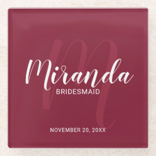 Burgundy Red Script Personalized Bridesmaids Glass Coaster
