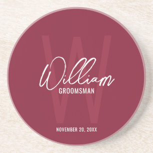 Burgundy Red Script Personalized Groomsman's Name Coaster