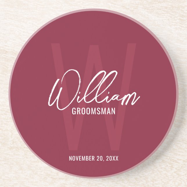 Burgundy Red Script Personalized Groomsman's Name Coaster (Front)