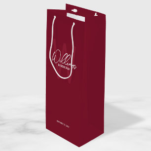 Burgundy Red Script Personalized Groomsman's Name Wine Gift Bag