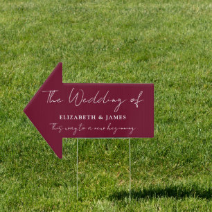 Burgundy Red Script Wedding This Way Arrow Sign