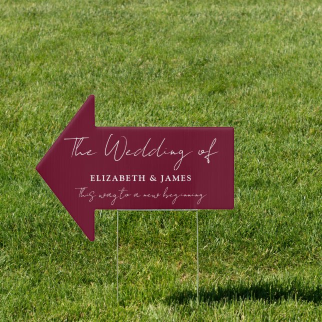 Burgundy Red Script Wedding This Way Arrow Sign (Insitu)