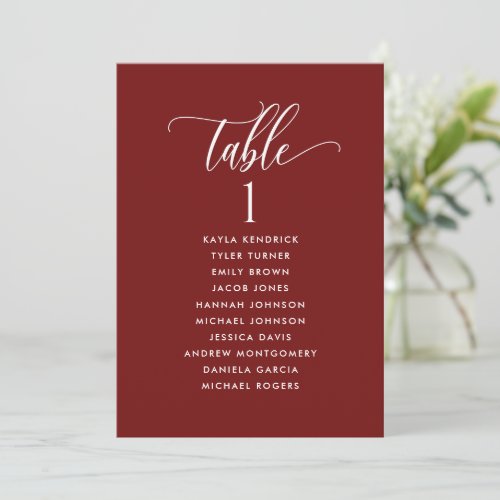 Burgundy Red Seating Plan Cards with Guest Names