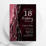 Burgundy Red Silver Agate 18th Birthday Invitation<br><div class="desc">Burgundy and silver agate 18th birthday party invitation. Elegant modern design featuring marsala wine dark red watercolor agate marble geode background,  faux glitter silver and typography script font. Trendy invite card perfect for a stylish women's bday celebration. Printed Zazzle invitations or instant download digital printable template.</div>
