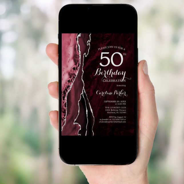Burgundy Red Silver Agate 50th Birthday Invitation (Front Digital)