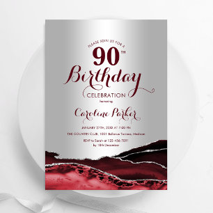 Burgundy Red Silver Agate 90th Birthday Invitation