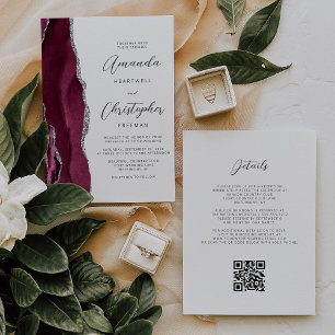 Burgundy Red Silver Agate QR Code Wedding Invitation