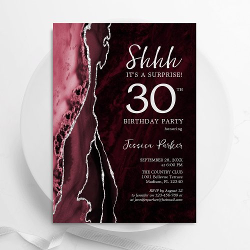 Burgundy Red Silver Agate Surprise 30th Birthday Invitation