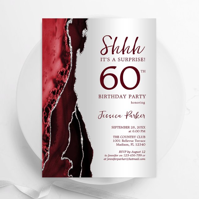 Burgundy Red Silver Agate Surprise 60th Birthday Invitation (Creator Uploaded)