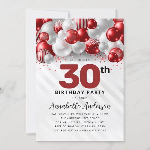 Burgundy Red Silver Balloon Glitter 30th Birthday Invitation