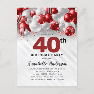 Burgundy Red Silver Balloon Glitter 40th Birthday Postcard