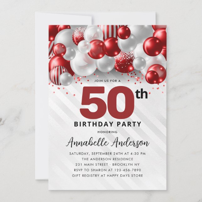 Burgundy Red Silver Balloon Glitter 50th Birthday Invitation (Front)