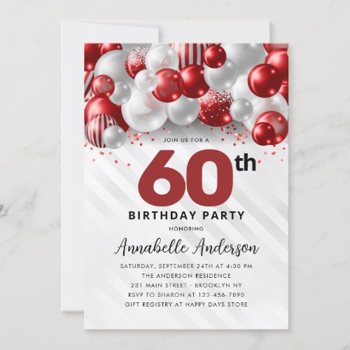 Burgundy Red Silver Balloon Glitter 60th Birthday Invitation