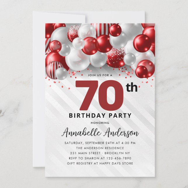 Burgundy Red Silver Balloon Glitter 70th Birthday Invitation (Front)