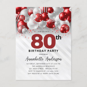 Burgundy Red Silver Balloon Glitter 80th Birthday  Postcard
