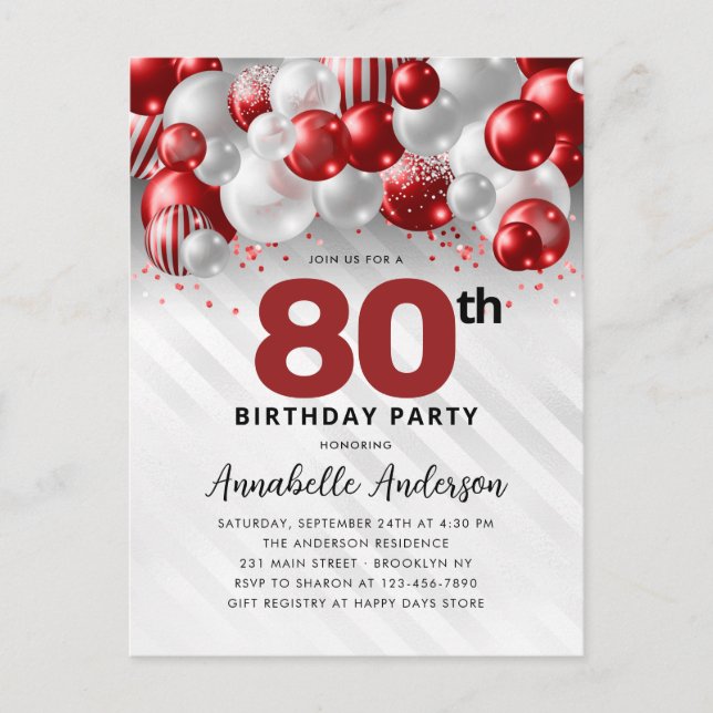 Burgundy Red Silver Balloon Glitter 80th Birthday  Postcard (Front)