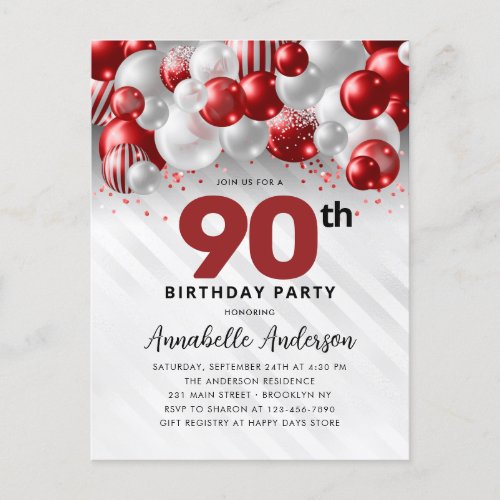 Burgundy Red Silver Balloon Glitter 90th Birthday  Postcard