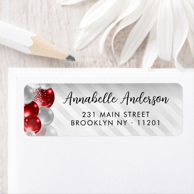Burgundy Red Silver Balloon Glitter Birthday  Label (Insitu)