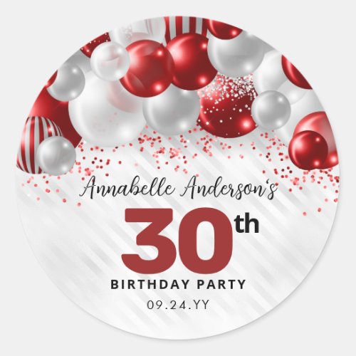 Burgundy Red Silver Balloon Glitter Favor Birthday Classic Round Sticker
