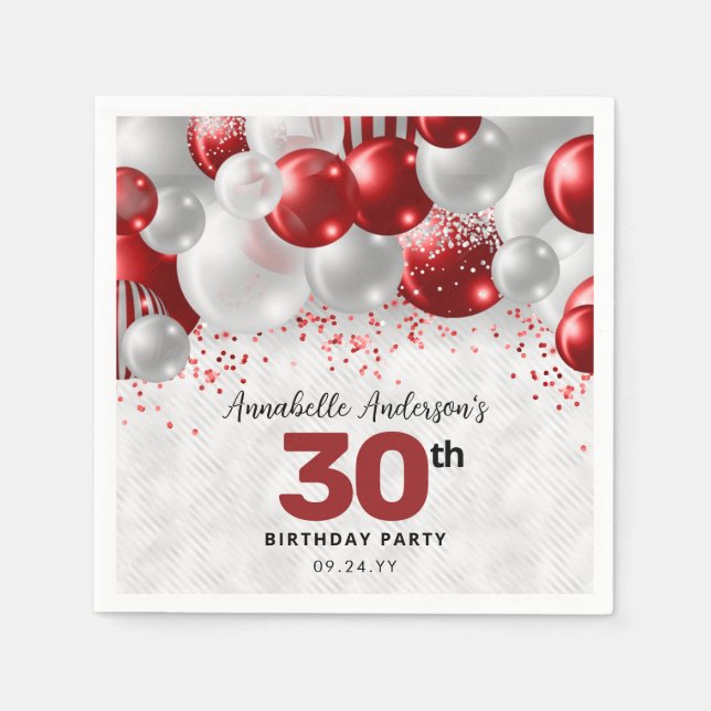 Burgundy Red Silver Balloon Glitter Favor Birthday Napkins (Front)