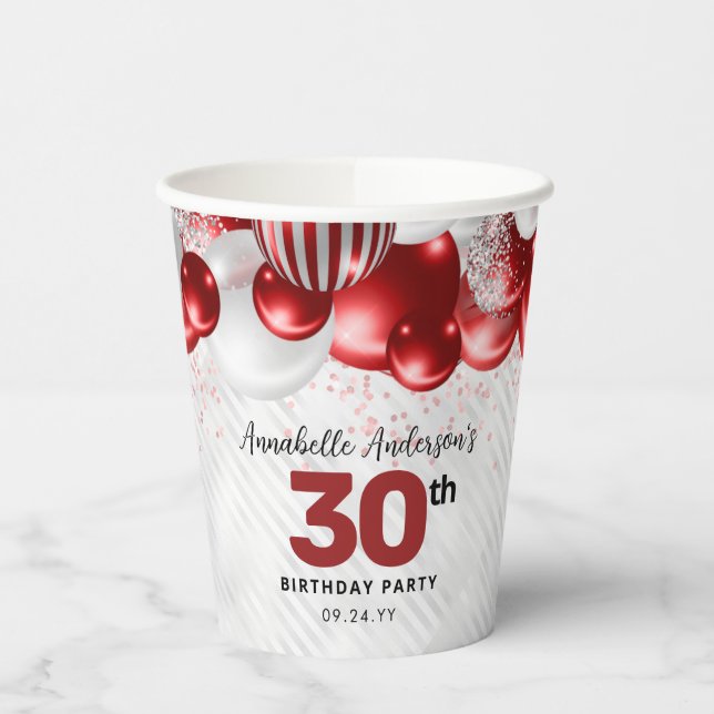 Burgundy Red Silver Balloon Glitter Favor Birthday Paper Cups (Left)
