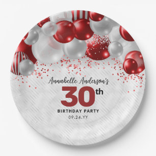 Burgundy Red Silver Balloon Glitter Favor Birthday Paper Plates