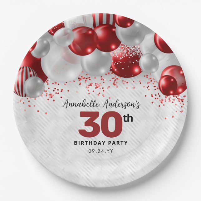 Burgundy Red Silver Balloon Glitter Favor Birthday Paper Plates (Front)