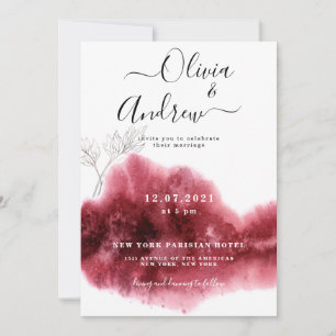Burgundy Red Silver Botanical Watercolor Wedding Invitation