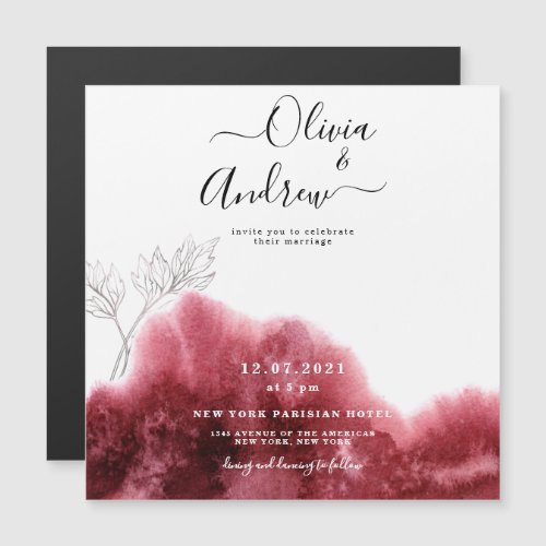 Burgundy Red Silver Botanical Watercolor Wedding Magnetic Invitation