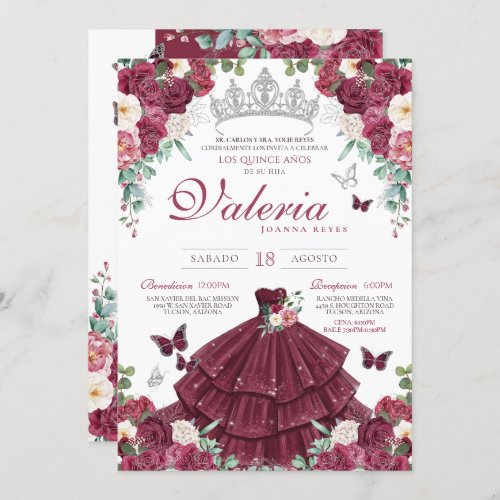 Burgundy Red  Silver Butterfly Floral Quinceaera Invitation