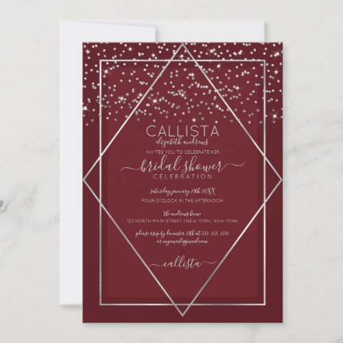 Burgundy Red Silver Confetti Border Bridal Shower Invitation