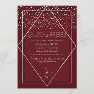 Burgundy Red Silver Confetti Border Engagement Invitation