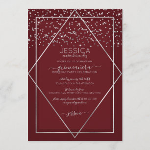 Burgundy Red Silver Confetti Border Quinceañera Invitation