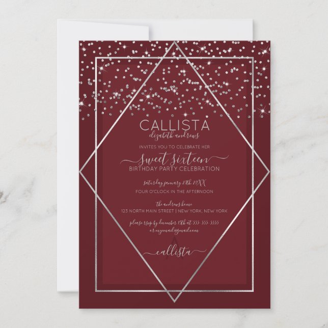 Burgundy Red Silver Confetti Border Sweet 16 Invitation (Front)