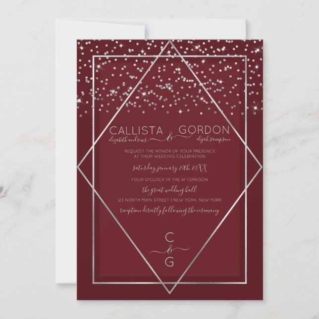 Burgundy Red Silver Confetti Geo Border Wedding Invitation (Front)