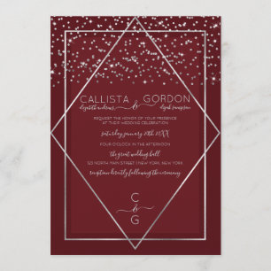 Burgundy Red Silver Confetti Geo Border Wedding Invitation