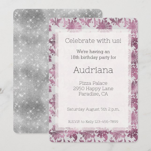  Burgundy Red Silver Floral Birthday Invitation (Front/Back)
