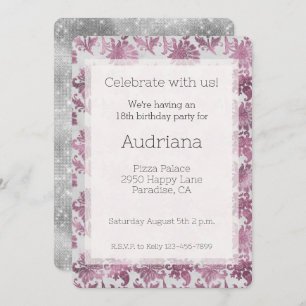  Burgundy Red Silver Floral Birthday Invitation